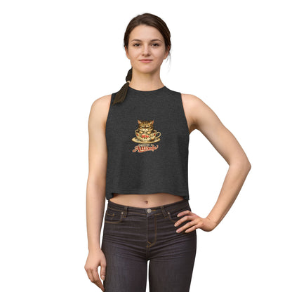 Steeped in Attitude tank top, grumpy kitten in teacup illustration, dark grey heather