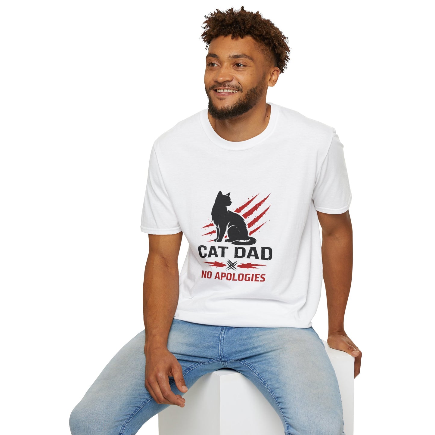 Cat Dad No Apologies t-shirt, black cat silhouette graphic, white