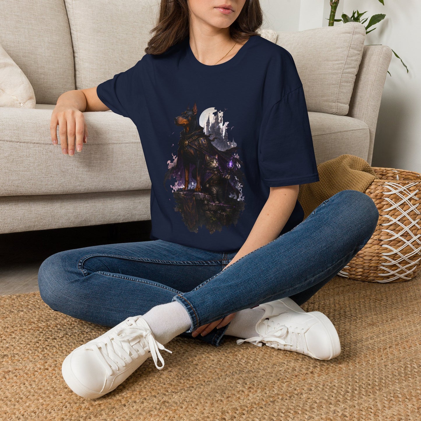 Doberman & Cat Guardian Gothic Castle T-Shirt