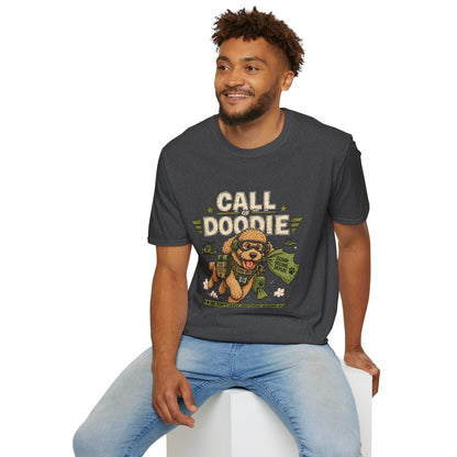 Call of Doodie t-shirt, military humor dog graphic with combat poodle artwork, dark heather