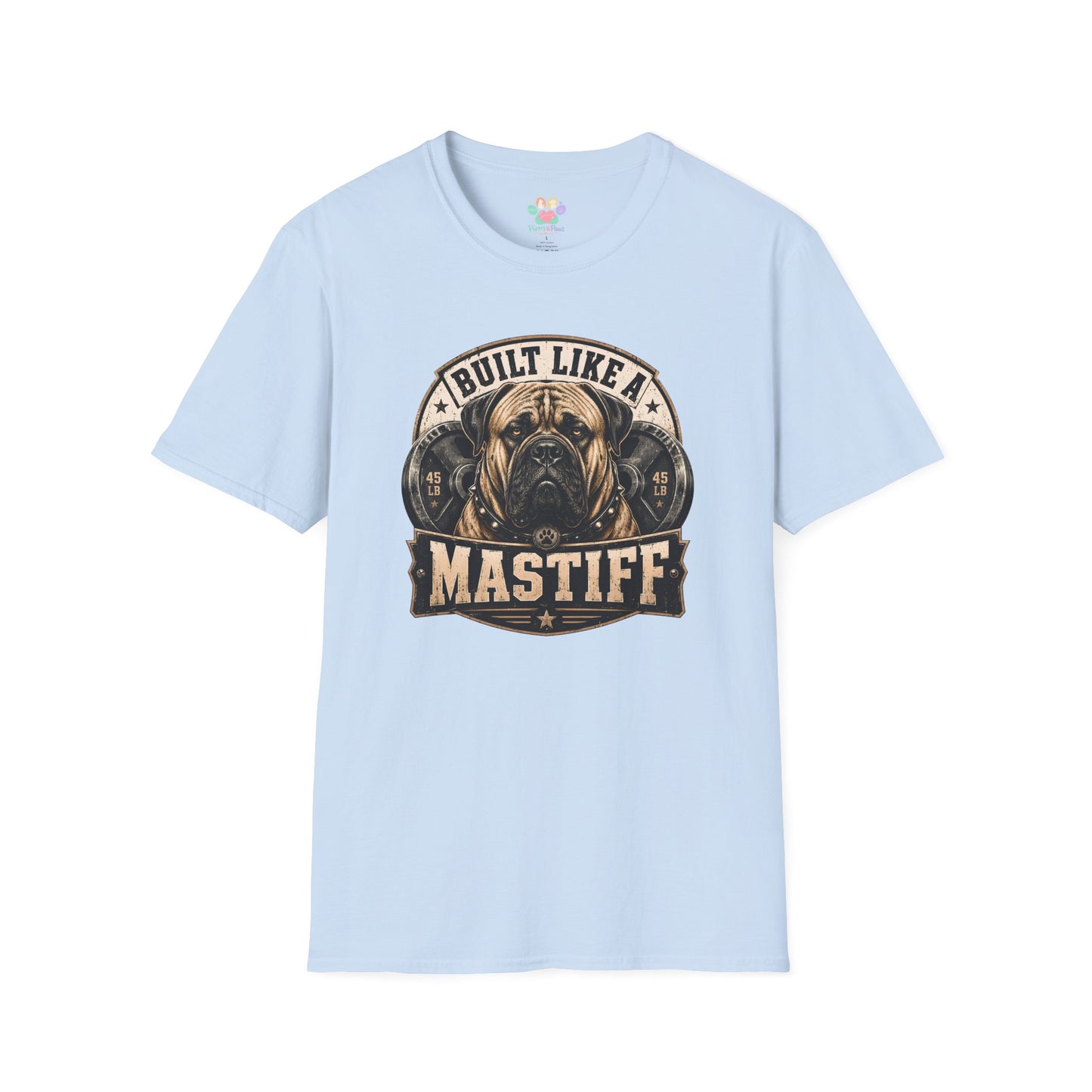 Built Like A Mastiff t-shirt, powerful Mastiff dog illustration for dog lovers, light blue