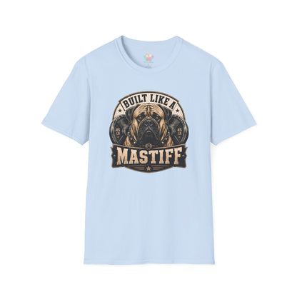 Built Like A Mastiff t-shirt, powerful Mastiff dog illustration for dog lovers, light blue
