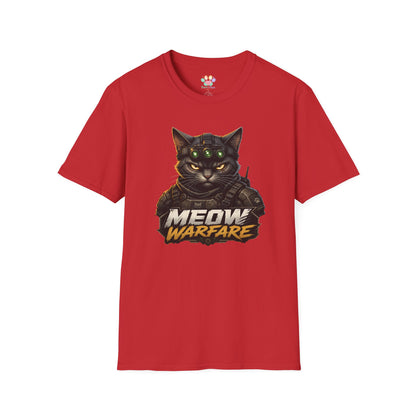Meow Warfare t-shirt, funny tactical cat design with combat kitty illustration, red