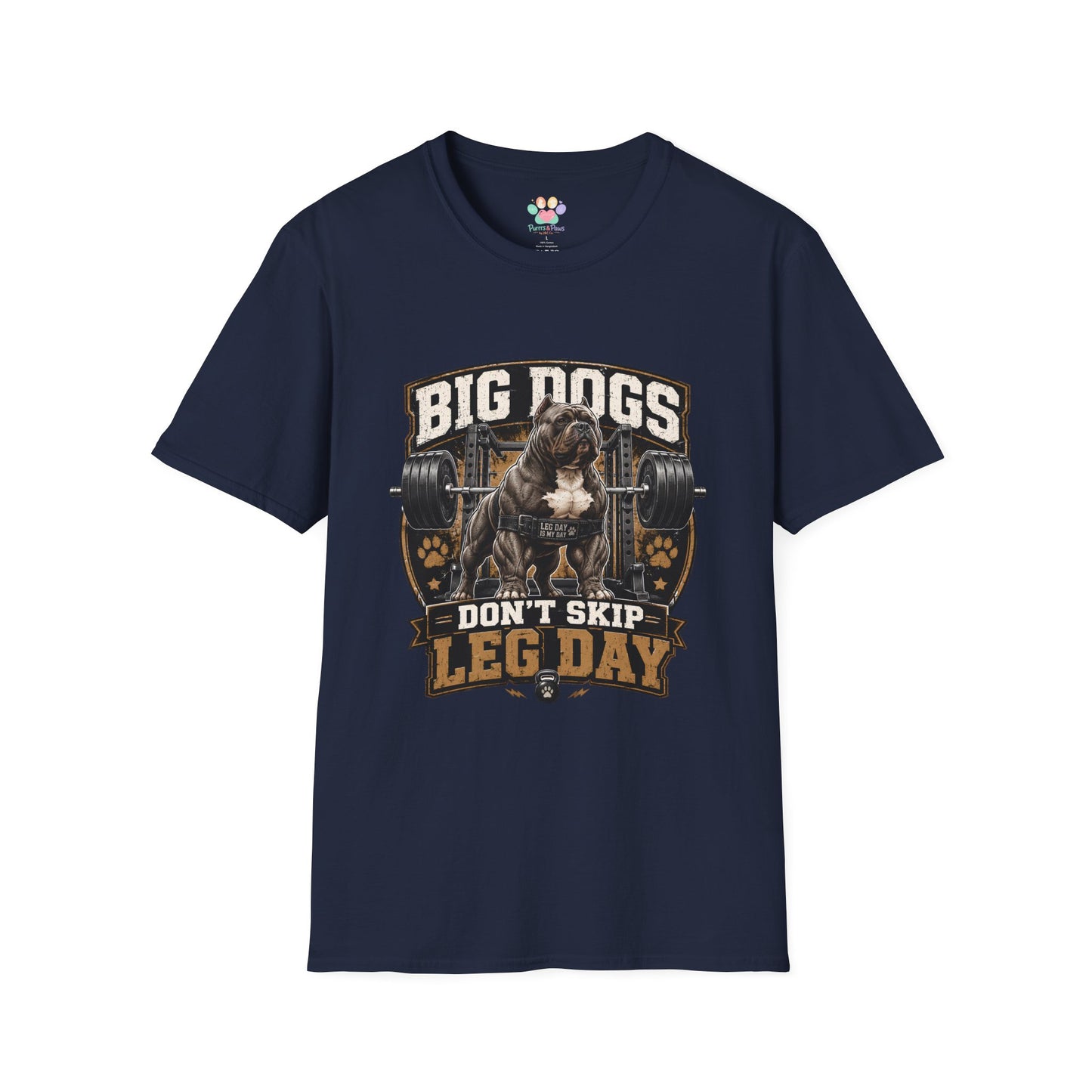 Big Dogs Don’t Skip Leg Day t-shirt, muscular bulldog with barbell gym design, navy