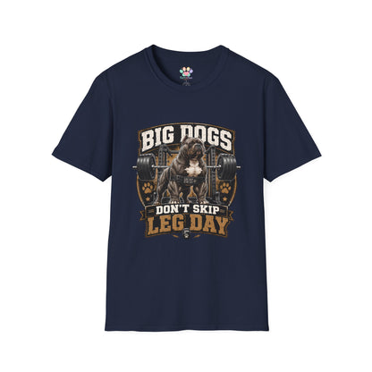 Big Dogs Don’t Skip Leg Day t-shirt, muscular bulldog with barbell gym design, navy