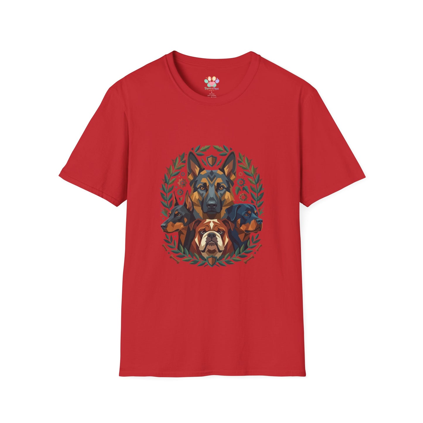 Multiple dog breeds graphic, German Shepherd Doberman Rottweiler Bulldog design, red