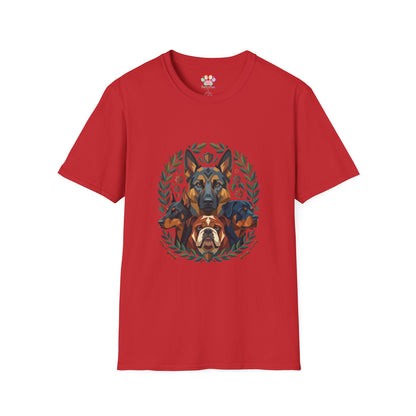 Multiple dog breeds graphic, German Shepherd Doberman Rottweiler Bulldog design, red