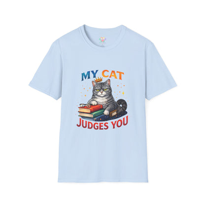 My Cat Judges You t-shirt, cute gray cat on books with glasses illustration, light blue