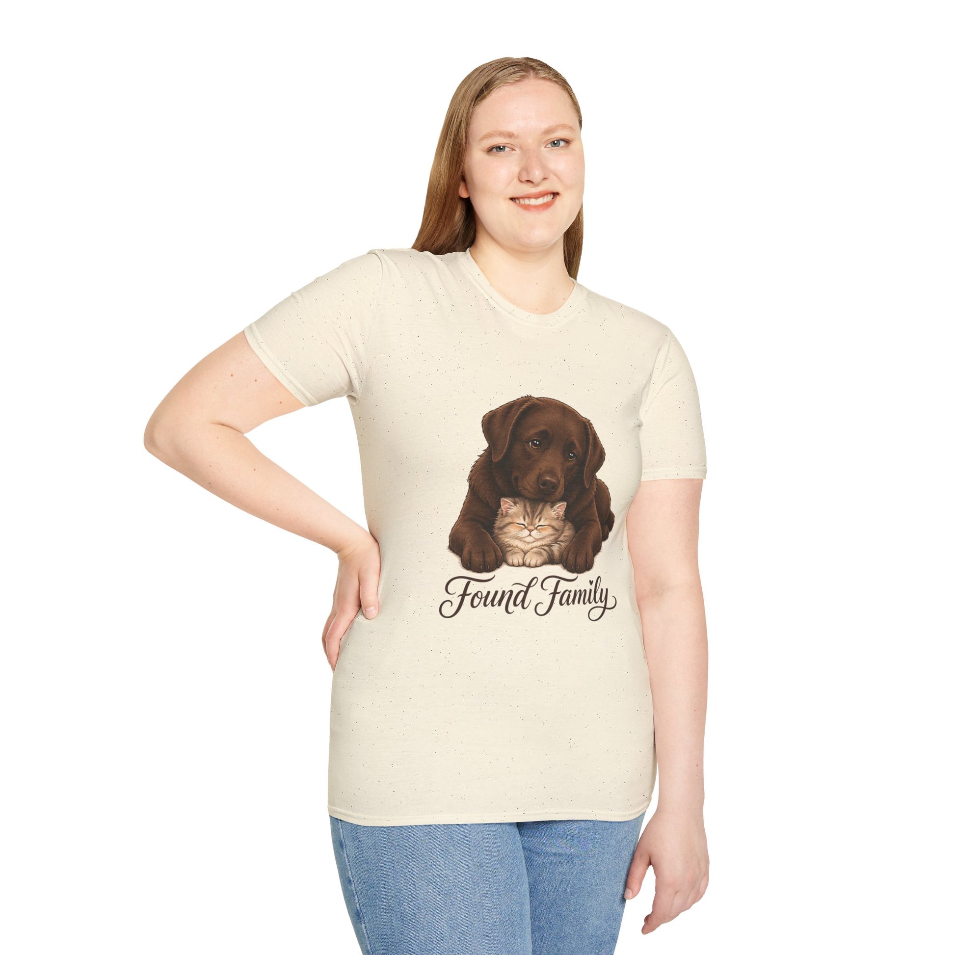 Found Family Labrador Retriever t-shirt, labrador retriever with kitten love graphic illustration, natural