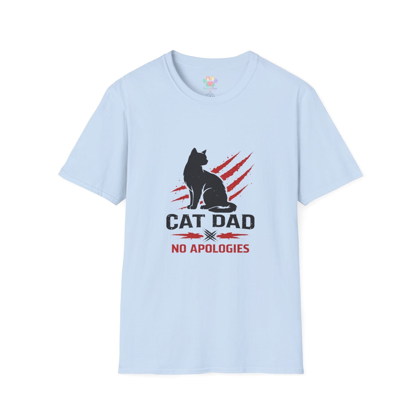 Cat Dad No Apologies t-shirt, bold black cat design for cat lovers, light blue