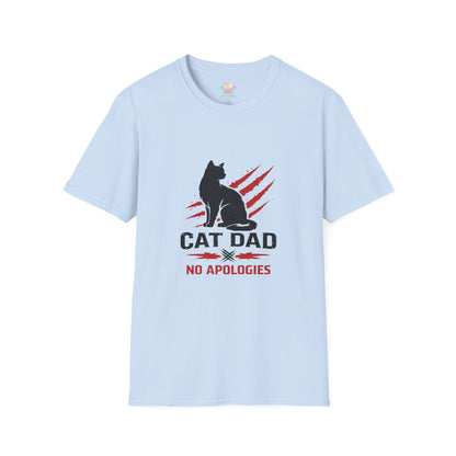 Cat Dad No Apologies t-shirt, bold black cat design for cat lovers, light blue