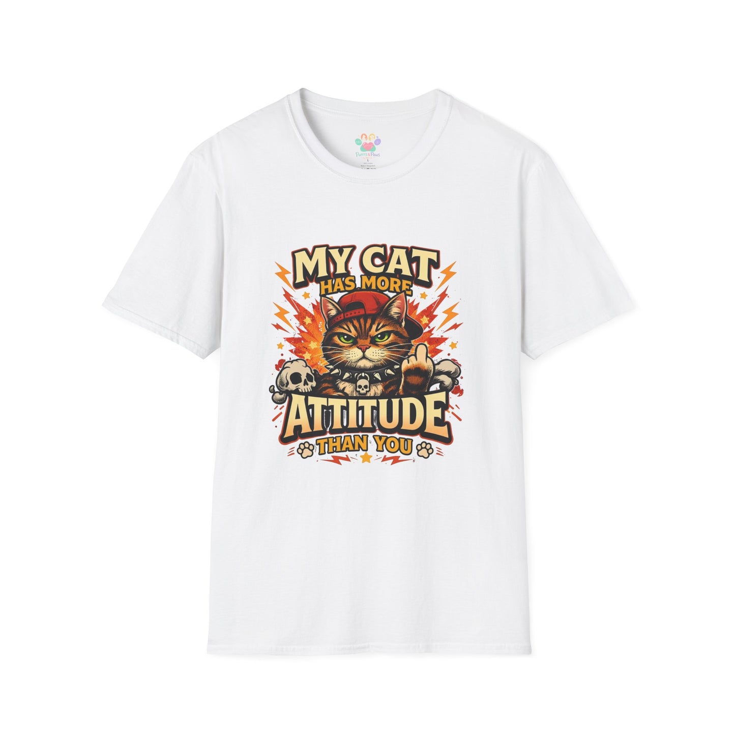 Funny cat t-shirt, sarcastic quote “My Cat Has More Attitude Than You”, grumpy cat graphic, white
