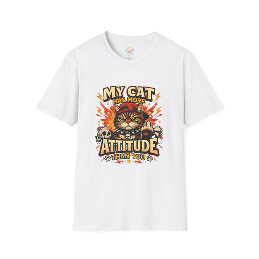 Funny cat t-shirt, sarcastic quote “My Cat Has More Attitude Than You”, grumpy cat graphic, white