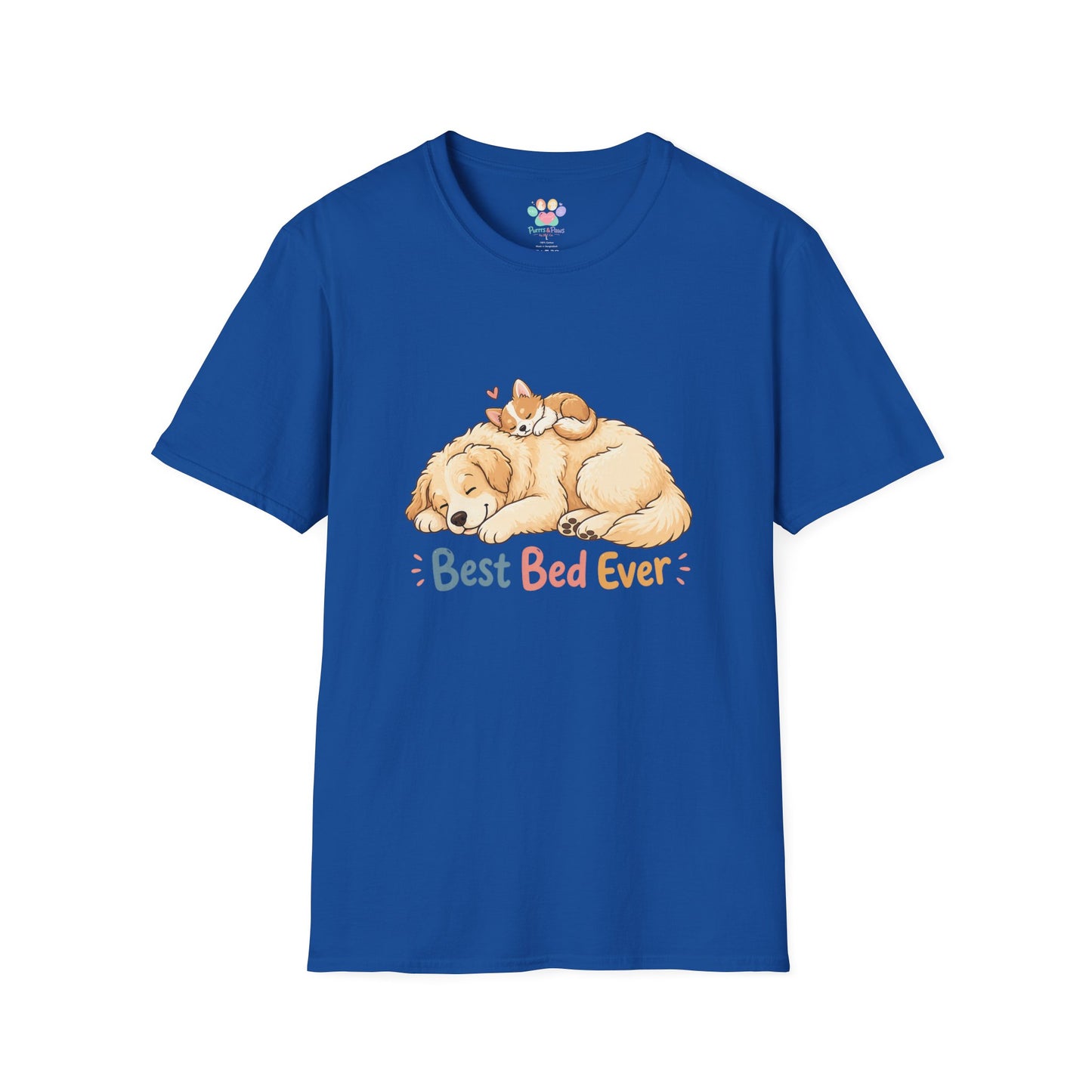 Best Bed Ever t-shirt, dog and kitten cozy cuddle illustration, royal
