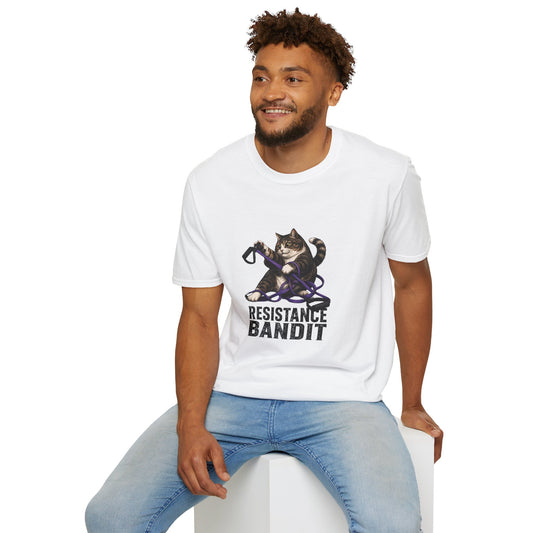 Resistance Bandit cat t-shirt, playful cat tangled in resistance bands graphic, white