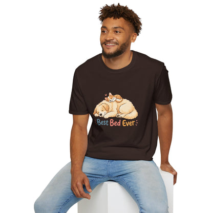 Best Bed Ever t-shirt, cute dog and cat cuddling illustration, dark chocolate