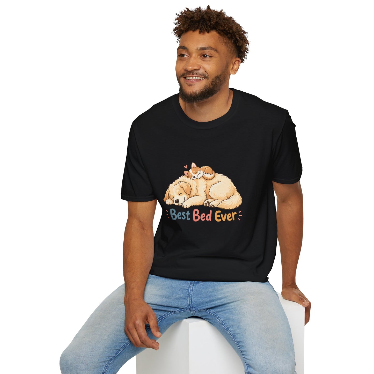 Best Bed Ever t-shirt, sleeping puppy with kitten on back graphic, black