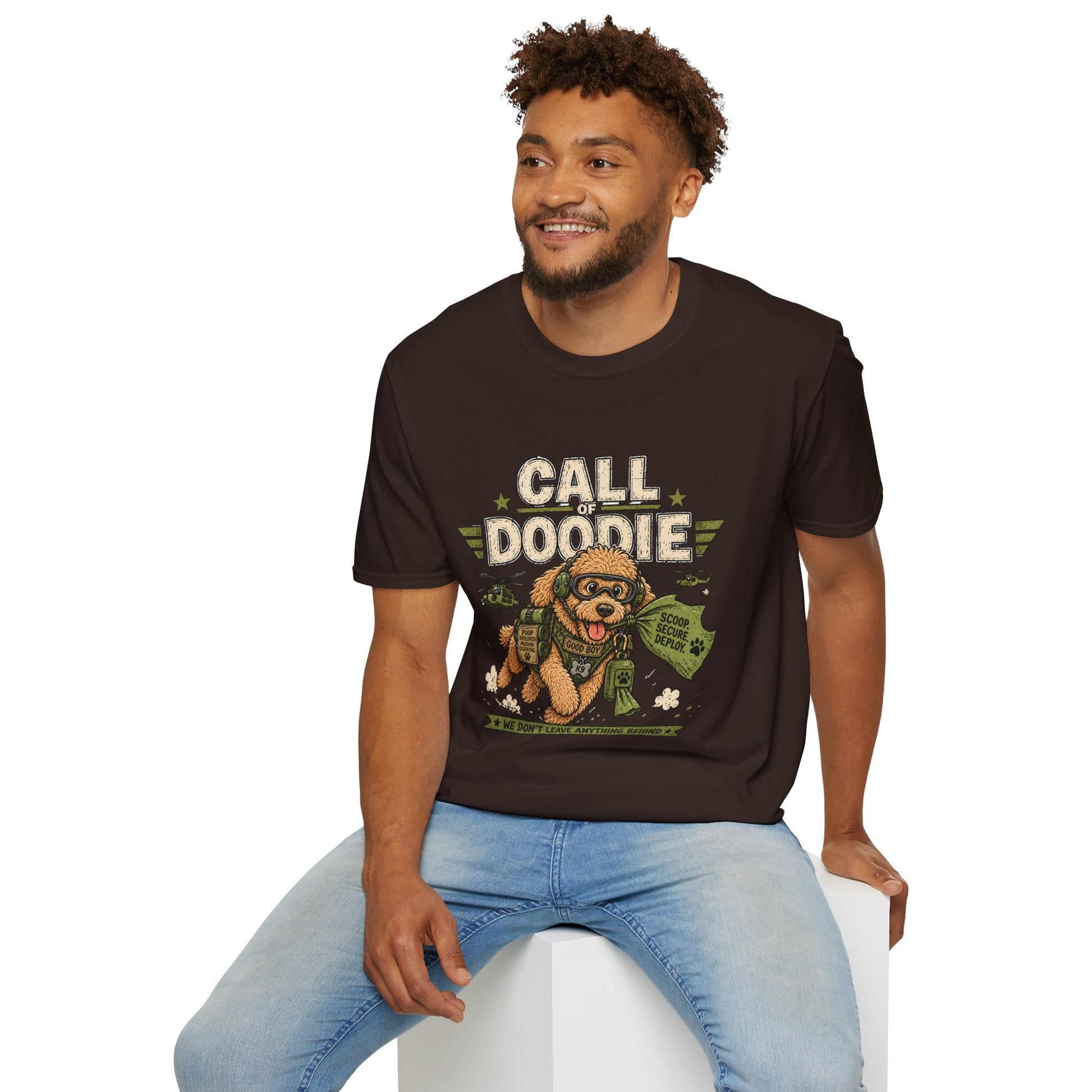 Call of Doodie t-shirt, tactical dog parody design with funny poodle soldier graphic, dark chocolate