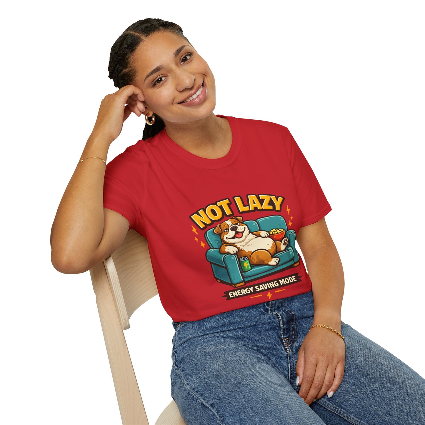 Not Lazy Energy Saving Mode t-shirt, lazy dog couch graphic, red