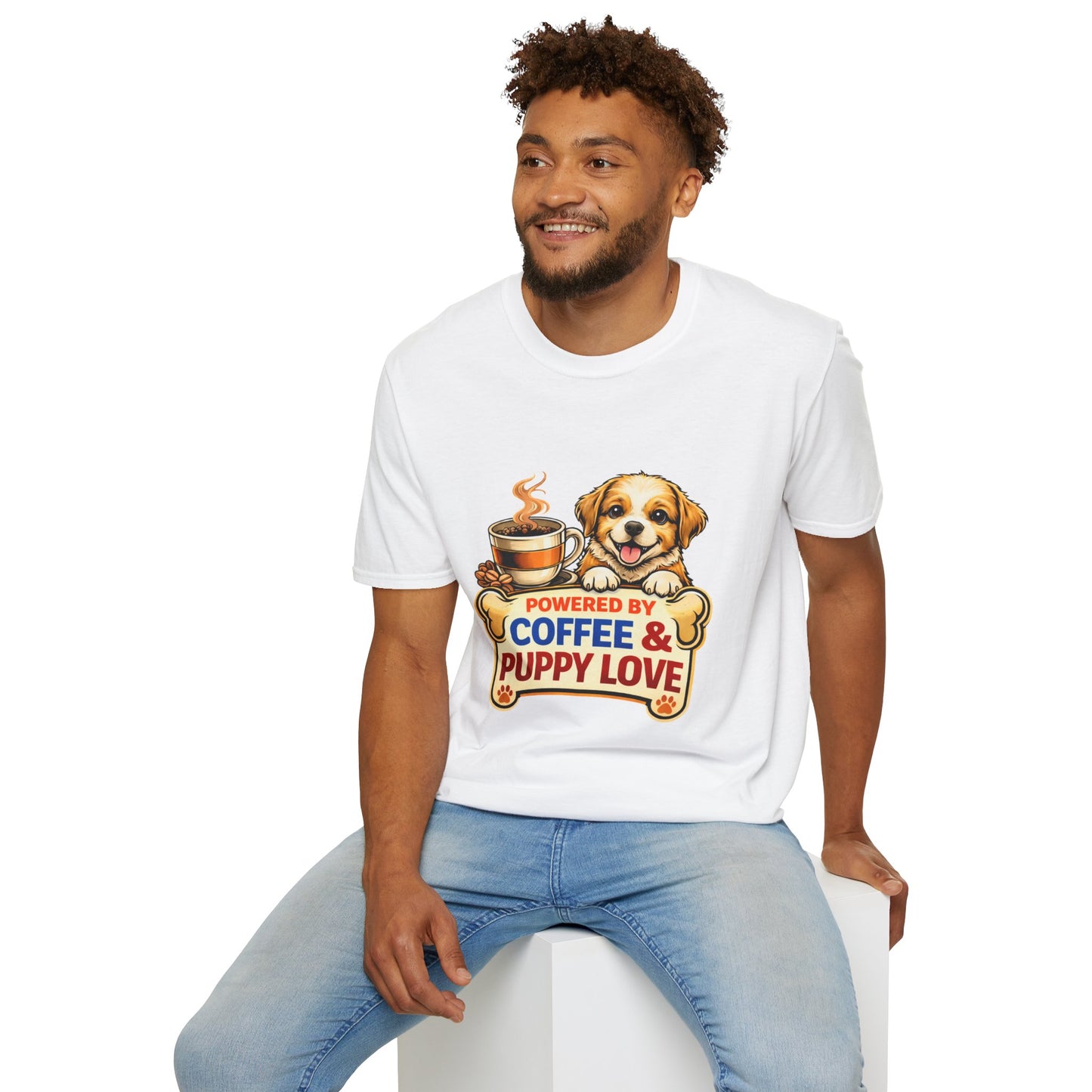 Powered By Coffee & Puppy Love t-shirt, cute puppy and coffee cup graphic, dog lover design, white