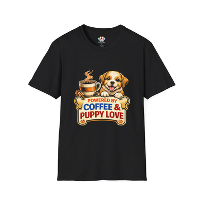 Powered By Coffee & Puppy Love shirt, puppy and coffee graphic tee, dog lover apparel, black