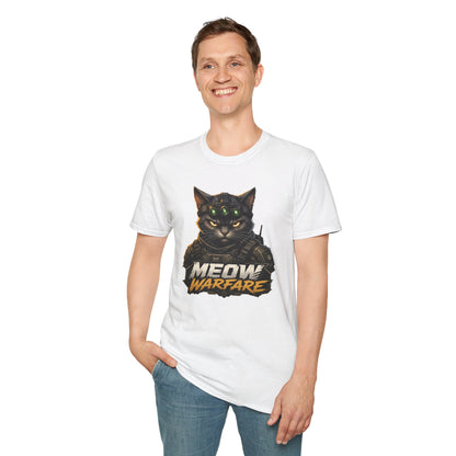Meow Warfare t-shirt, funny tactical cat graphic with armored black cat illustration, white