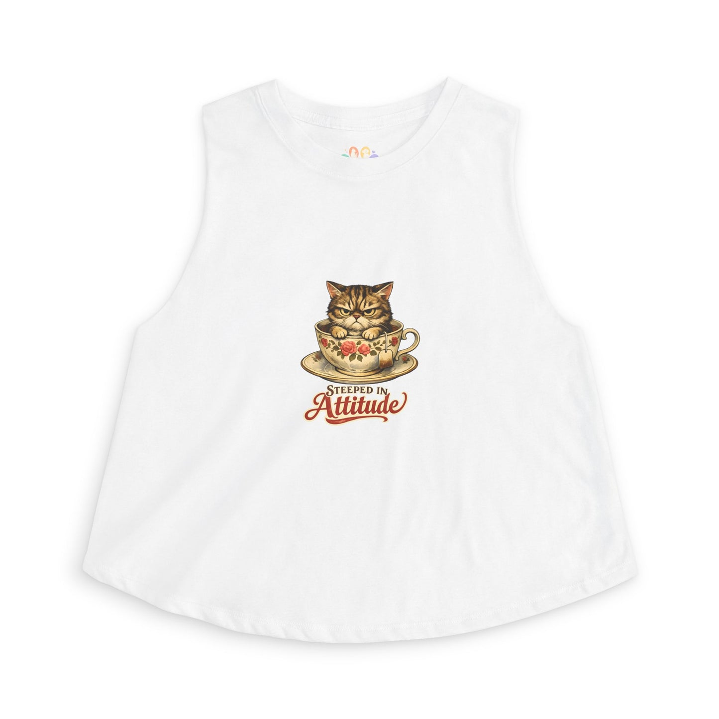 Steeped in Attitude tank top, grumpy cat in teacup graphic, solid white blend