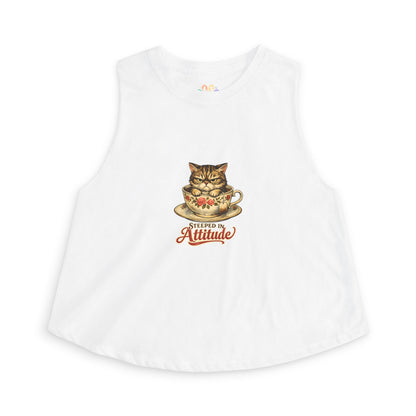 Steeped in Attitude tank top, grumpy cat in teacup graphic, solid white blend
