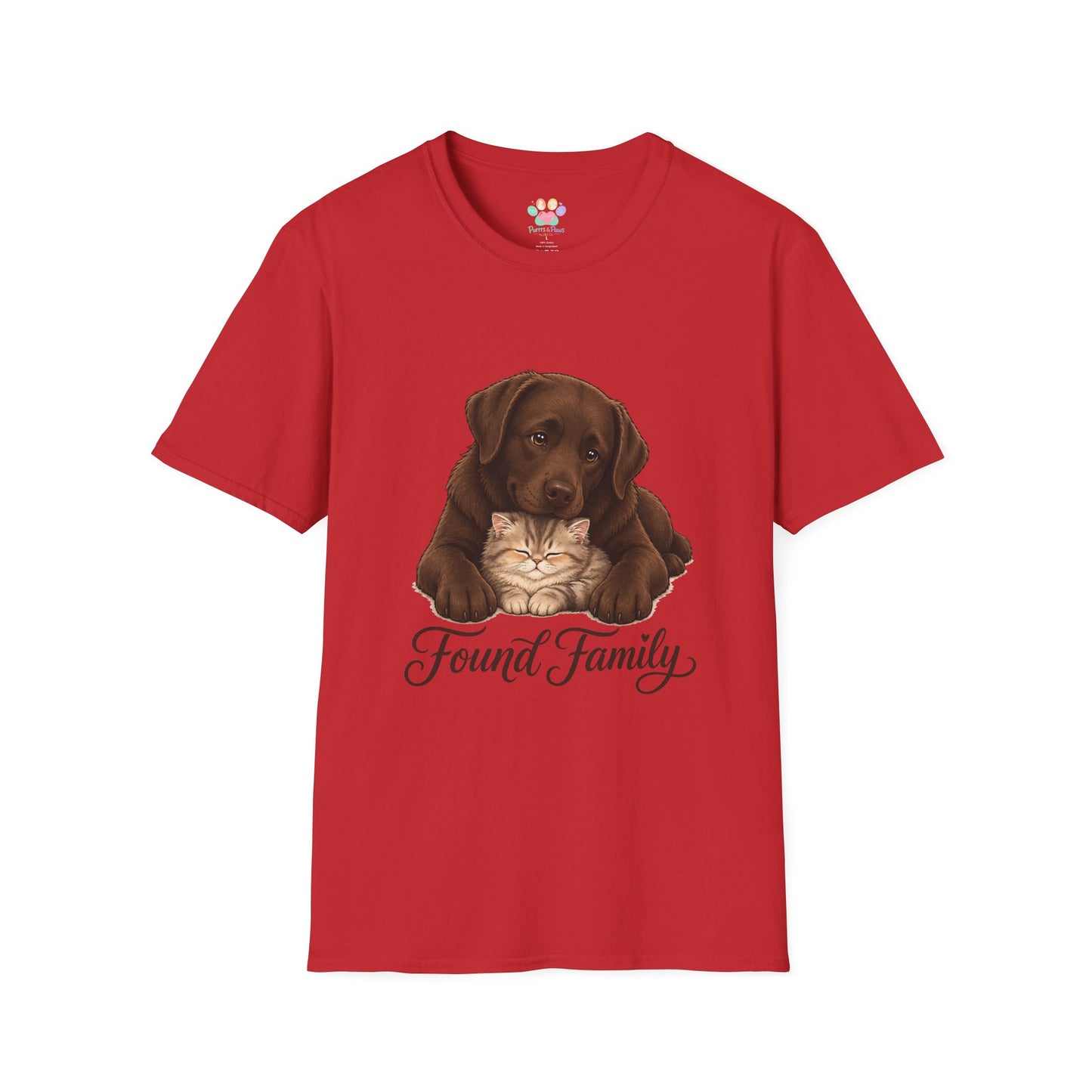 Found Family Labrador Retriever t-shirt, labrador retriever with kitten friendship graphic, red