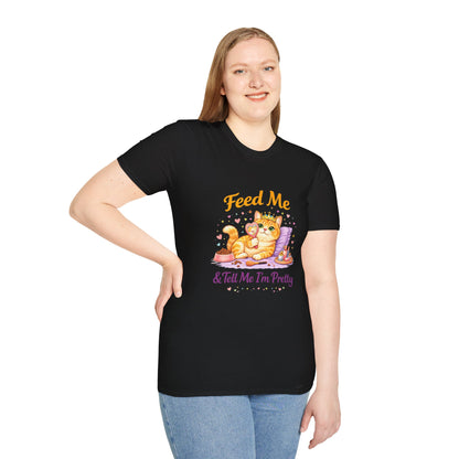 Feed Me & Tell Me I’m Pretty cat t-shirt, kitten princess graphic with food bowl design, black