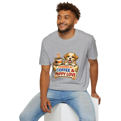 Powered By Coffee & Puppy Love t-shirt, cute dog and coffee illustration, pet lover design, sport gray