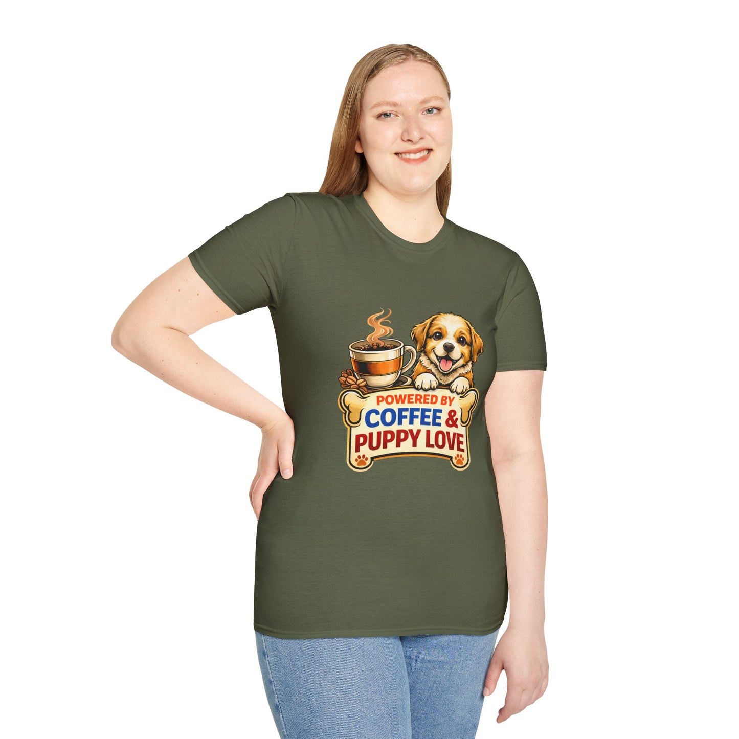 Powered By Coffee & Puppy Love t-shirt, adorable puppy graphic, coffee and dog lover design, military green