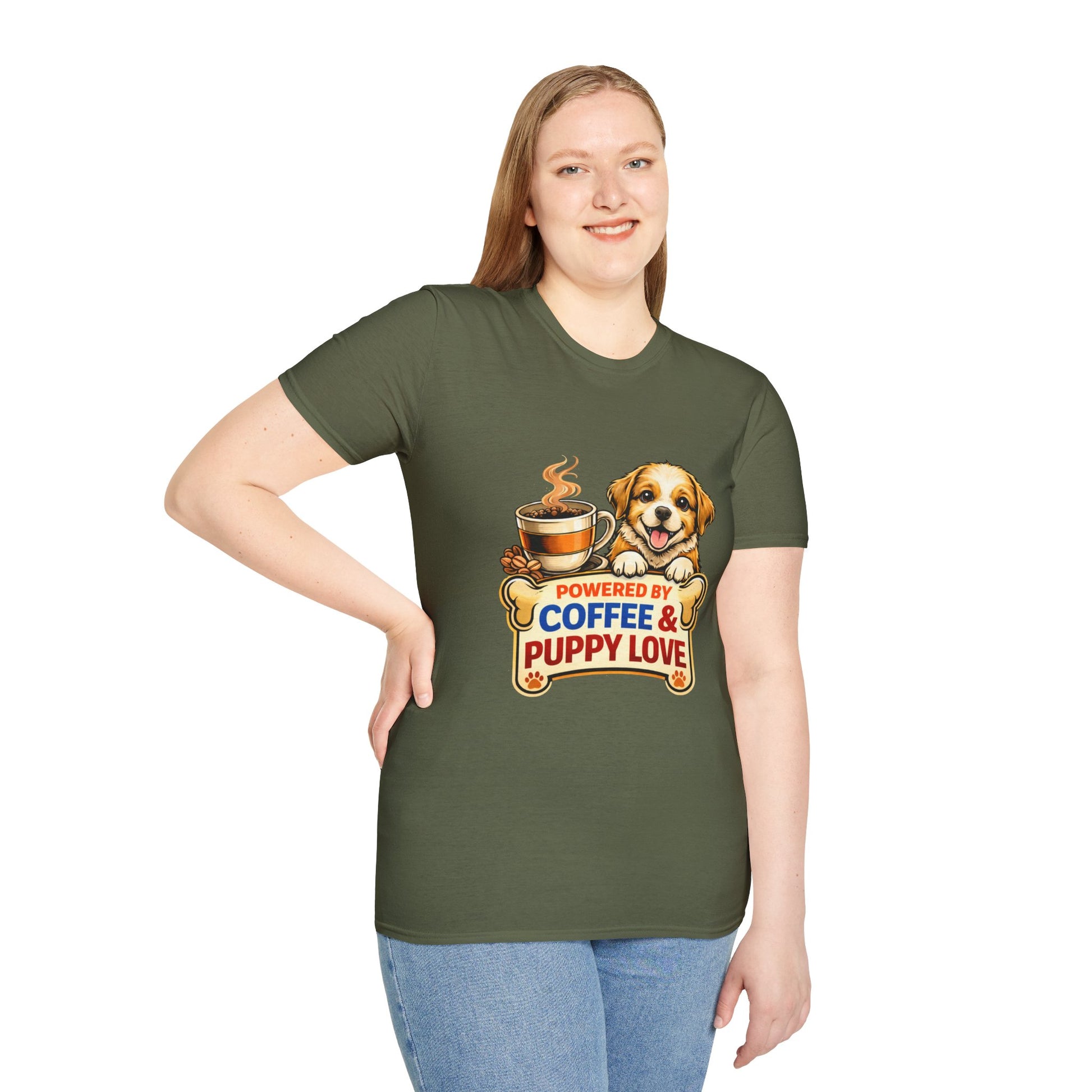 Powered By Coffee & Puppy Love t-shirt, adorable puppy graphic, coffee and dog lover design, military green