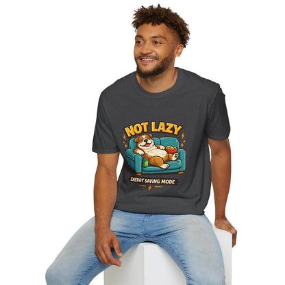 Not Lazy Energy Saving Mode t-shirt, lazy dog lounging graphic design, dark heather