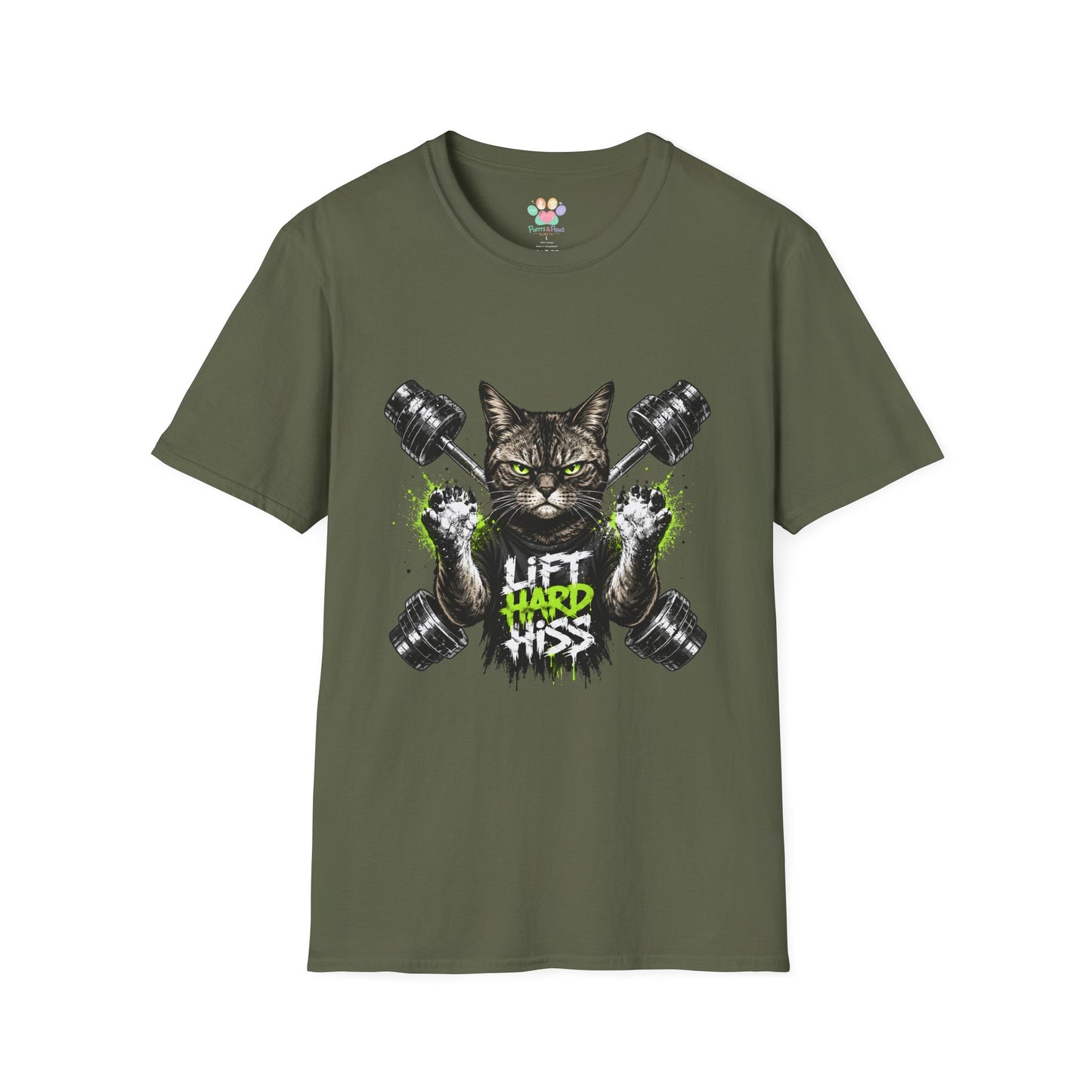 Lift Hard Hiss Harder cat t-shirt, workout cat illustration with weights, military green