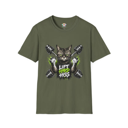 Lift Hard Hiss Harder cat t-shirt, workout cat illustration with weights, military green