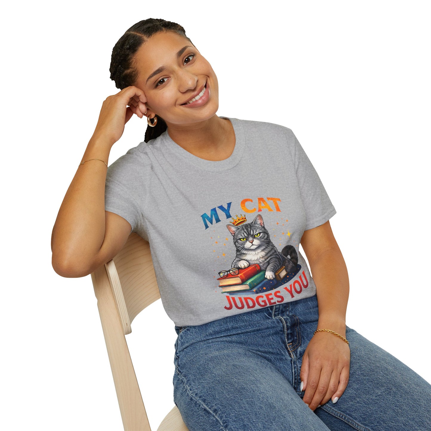 My Cat Judges You t-shirt, gray cat with crown and book stack graphic, sport gray