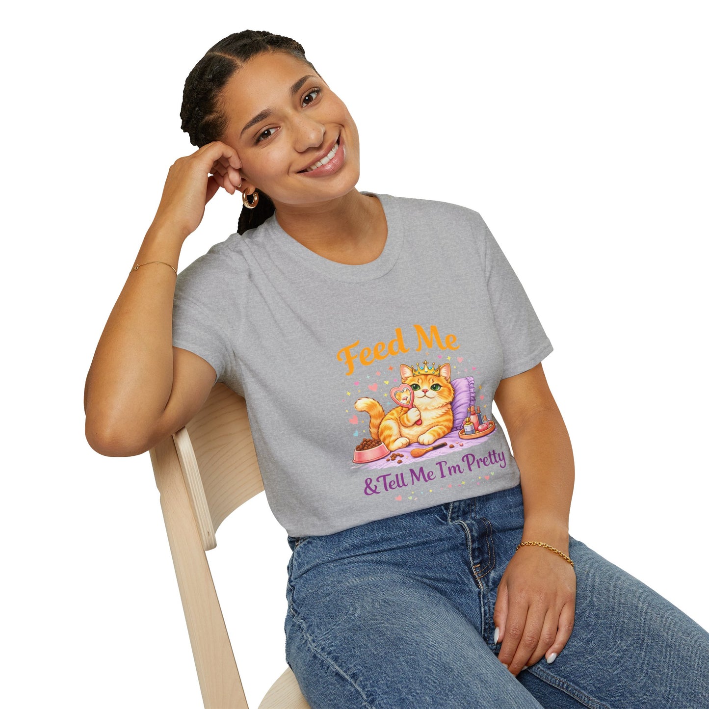 Feed Me & Tell Me I’m Pretty cat t-shirt, cute cat with crown and mirror illustration, sport gray