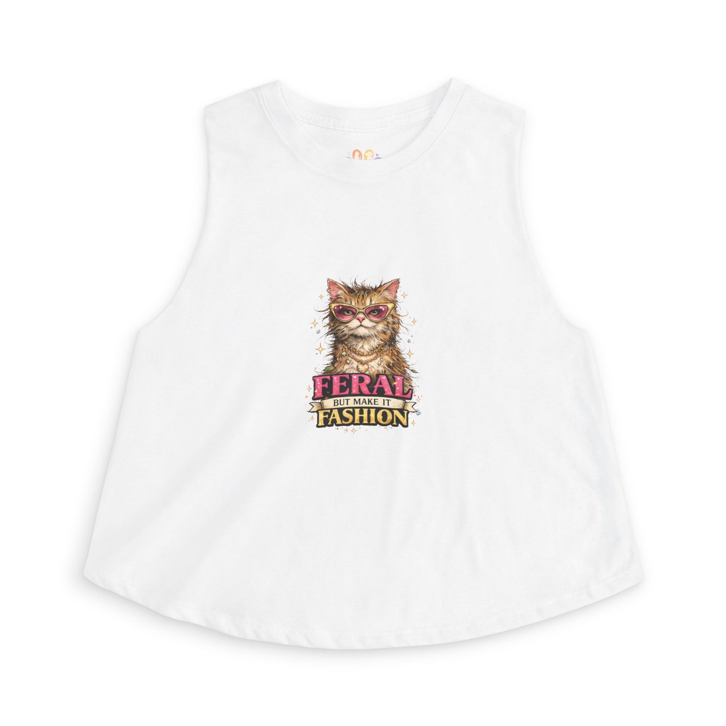 Feral But Make It Fashion tank top, stylish cat with sunglasses graphic, white