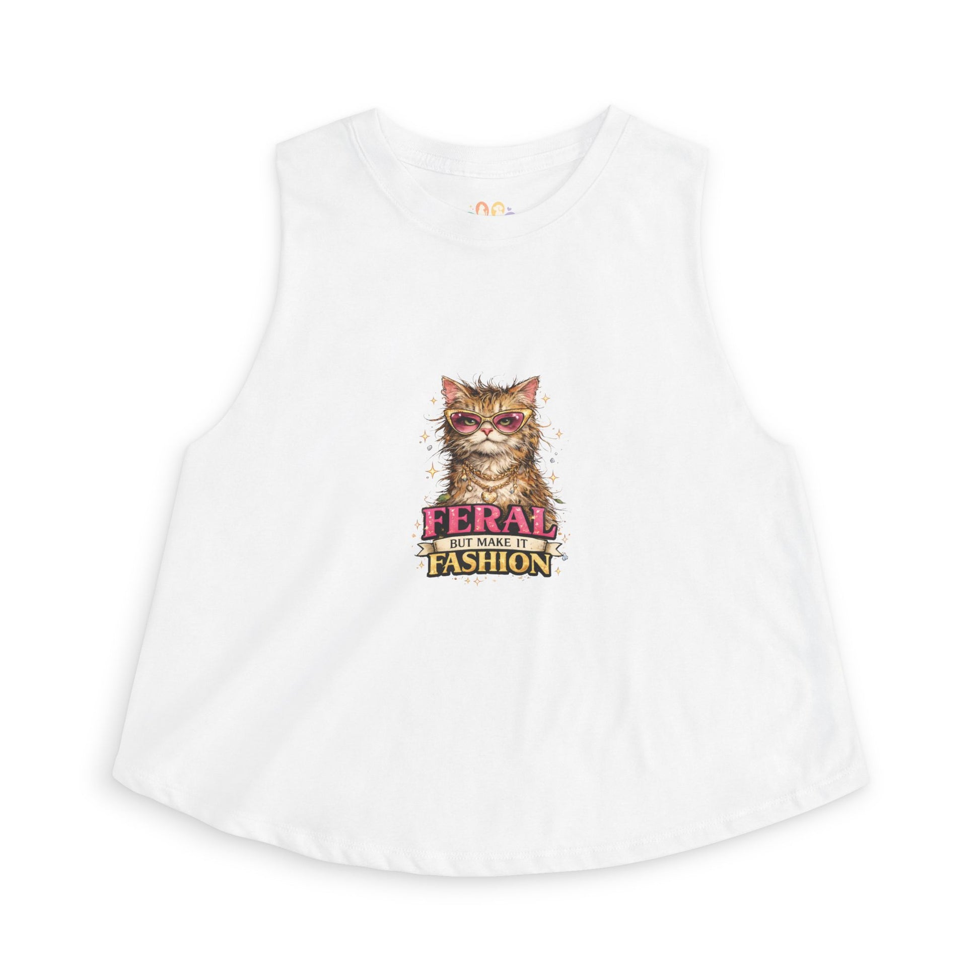 Feral But Make It Fashion tank top, stylish cat with sunglasses graphic, white