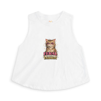 Feral But Make It Fashion tank top, stylish cat with sunglasses graphic, white
