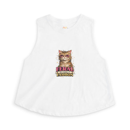 Feral But Make It Fashion tank top, stylish cat with sunglasses graphic, white
