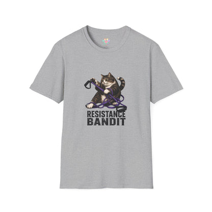 Resistance Bandit cat t-shirt, workout cat graphic design for gym lovers, sport grey