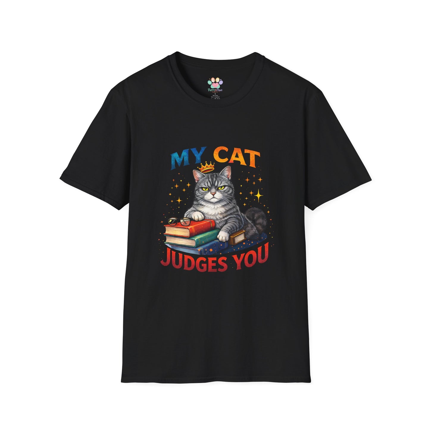 My Cat Judges You t-shirt, gray cat sitting on books with glasses design, black