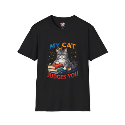 My Cat Judges You t-shirt, gray cat sitting on books with glasses design, black