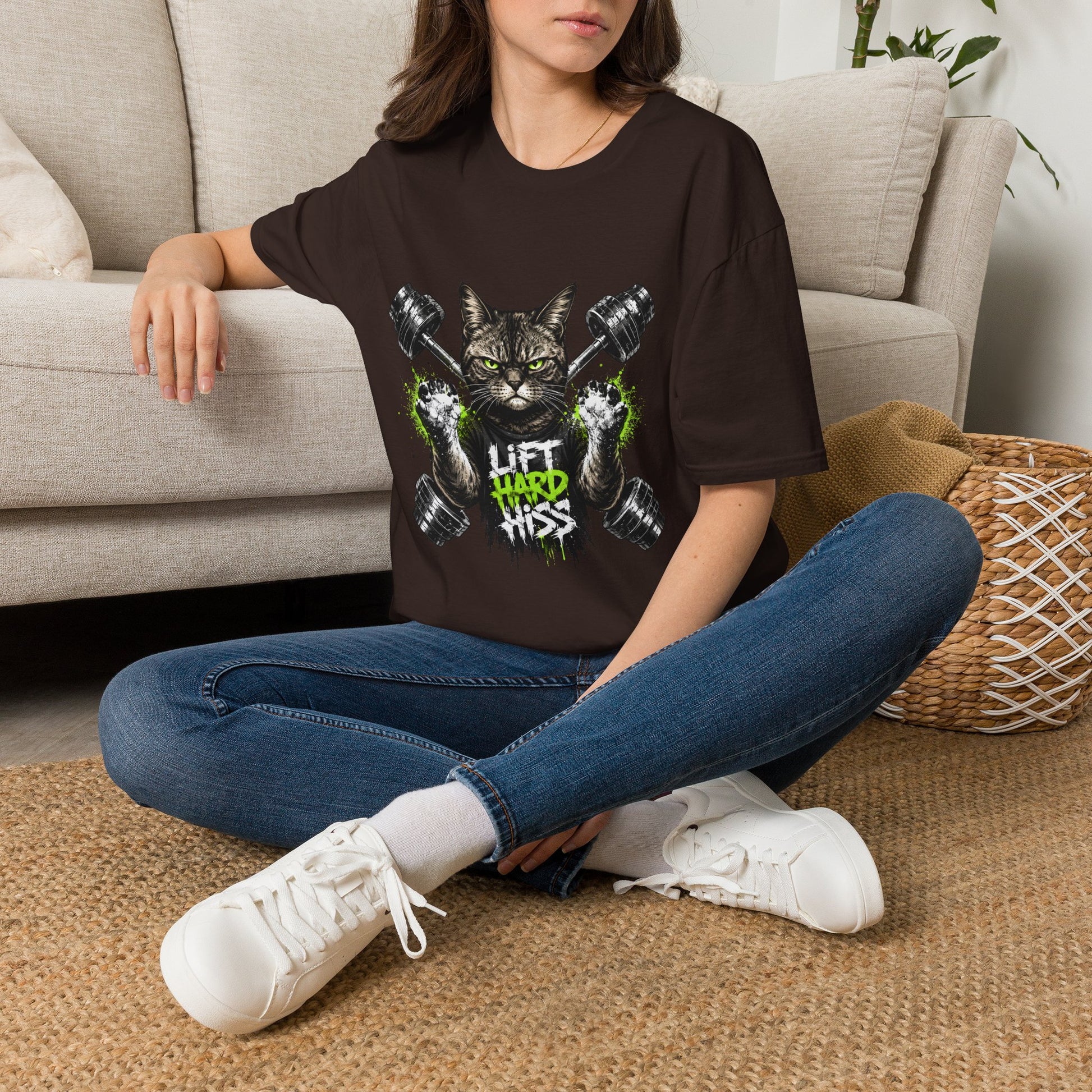 Lift Hard Hiss Harder t-shirt, strong gym cat workout illustration, dark chocolate
