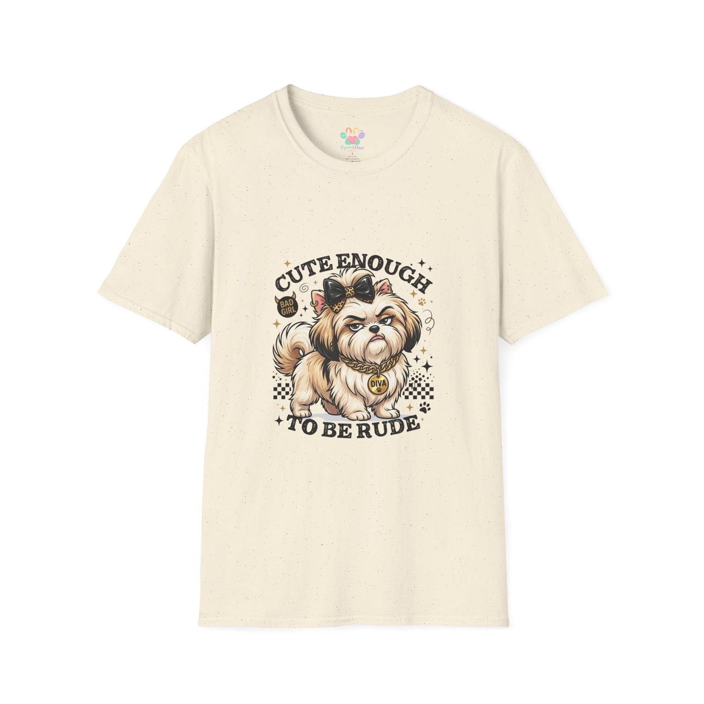 Cute Enough To Be Rude dog t-shirt, cute sassy dog with bow and diva tag design, natural