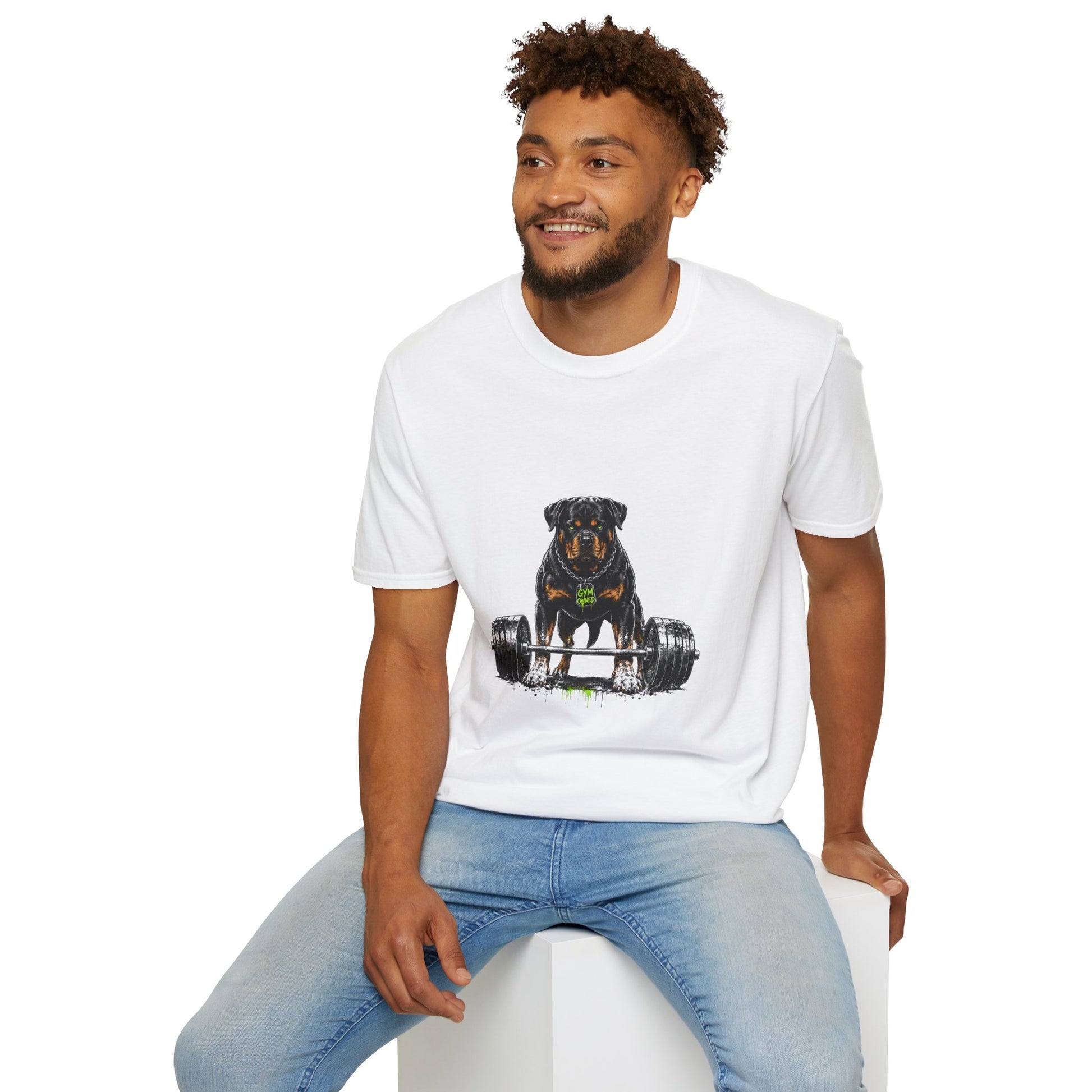 Rottweiler weightlifting t-shirt, strong Rottweiler dog with barbell graphic, white