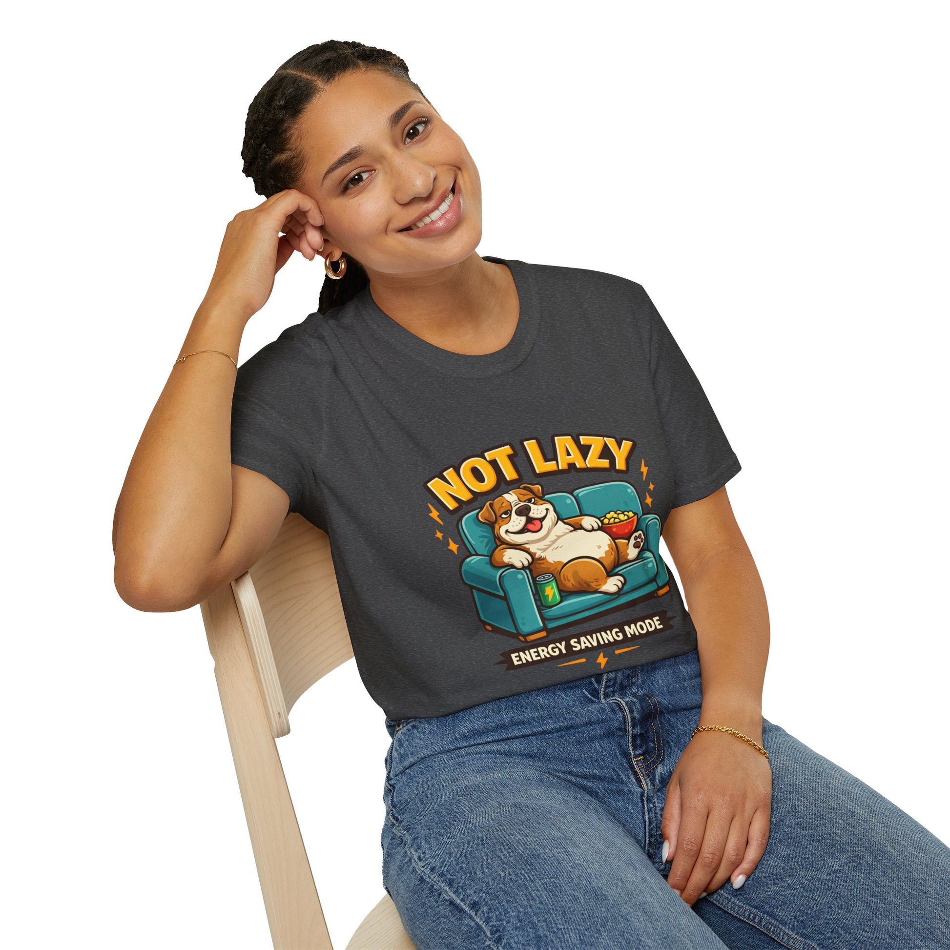 Not Lazy Energy Saving Mode t-shirt, lazy dog lounging graphic design, dark heather