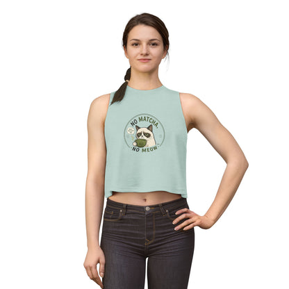 No Matcha No Meow tank top, grumpy cat tea lover graphic design, dusty blue